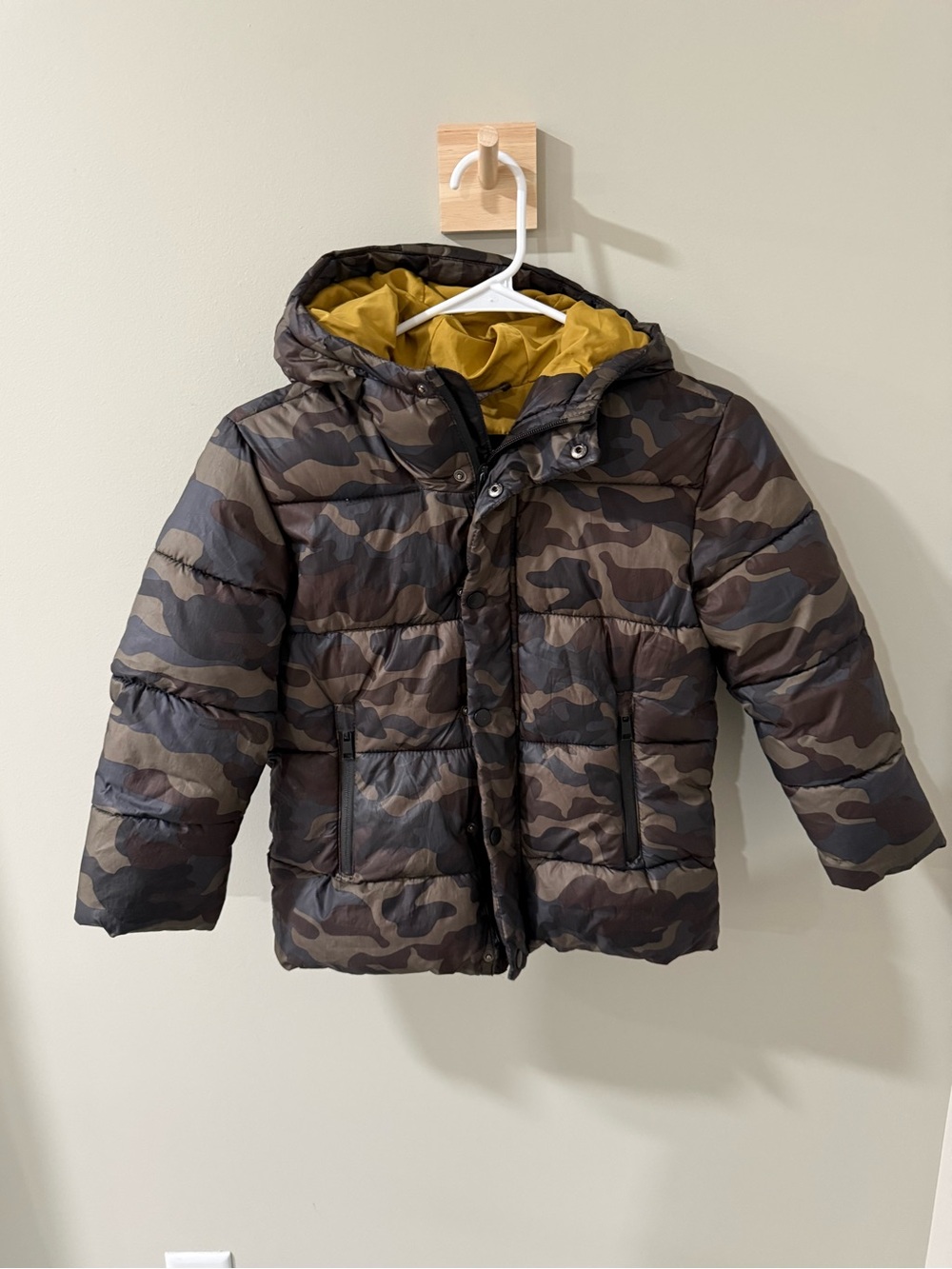 Zara Kids Camo Puffer Jacket Mustard Lining Size 7